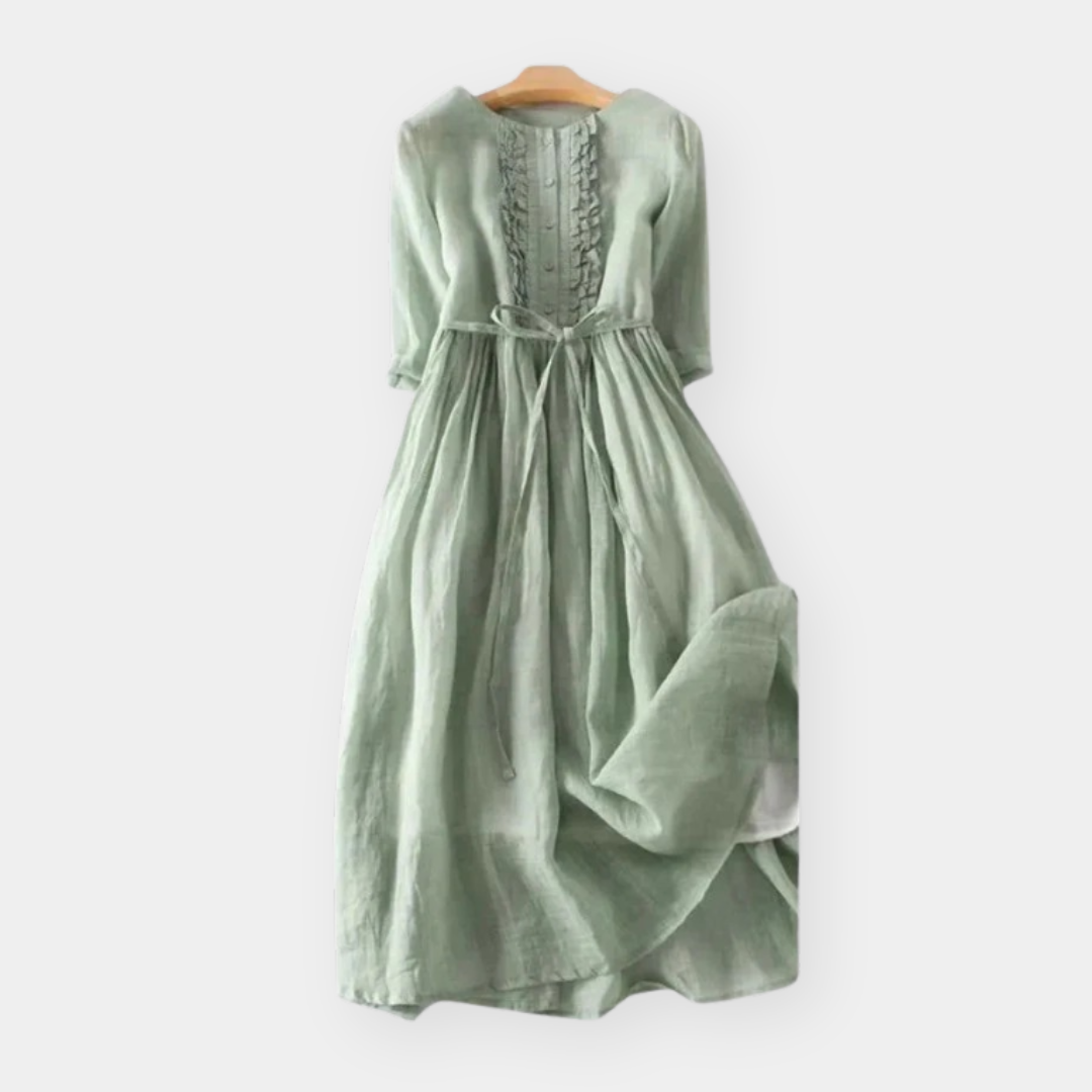 Pintuck Front Half Sleeve Tie Waist Linen Midi Dress