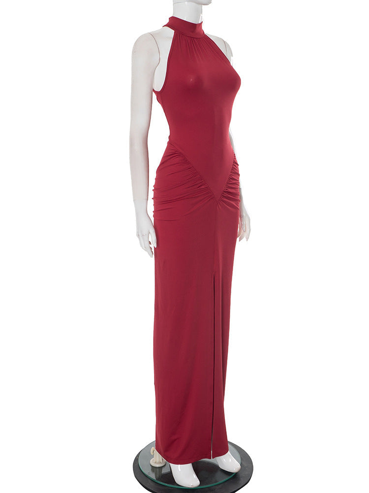 Mock-Neck Ruched Front-Slit Bodycon Maxi Dress 10