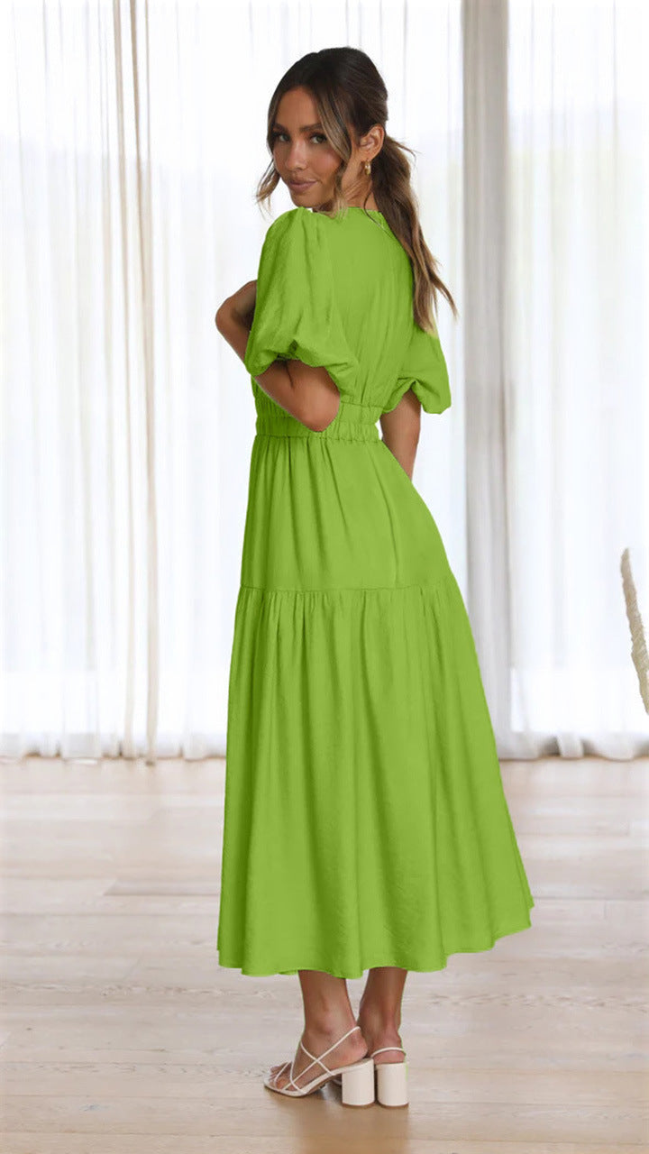 Plunge Neck Puff Sleeve Smocked Waist Tiered Midi Dress 7