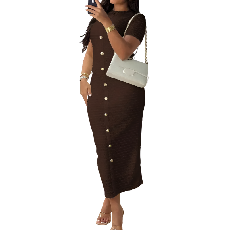 Crew Neck Short Sleeve Button Front Textured Bodycon Midi Dress 4