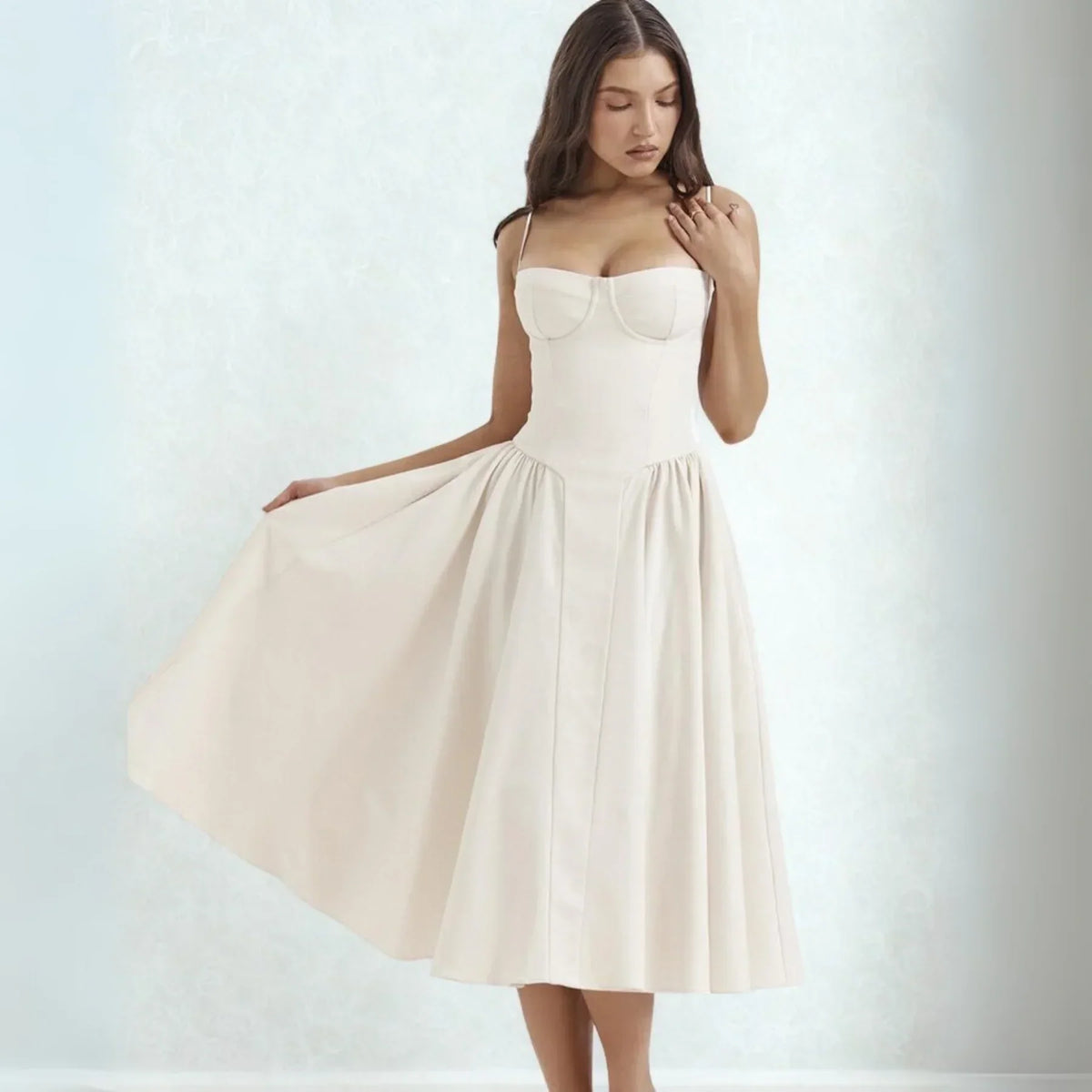 Strapless Corset Bustier Fit and Flare Midi Dress 10