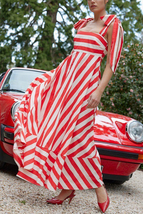 Pocketed Bow Shoulder Striped Swing Maxi Cami Dress - Fashionpara