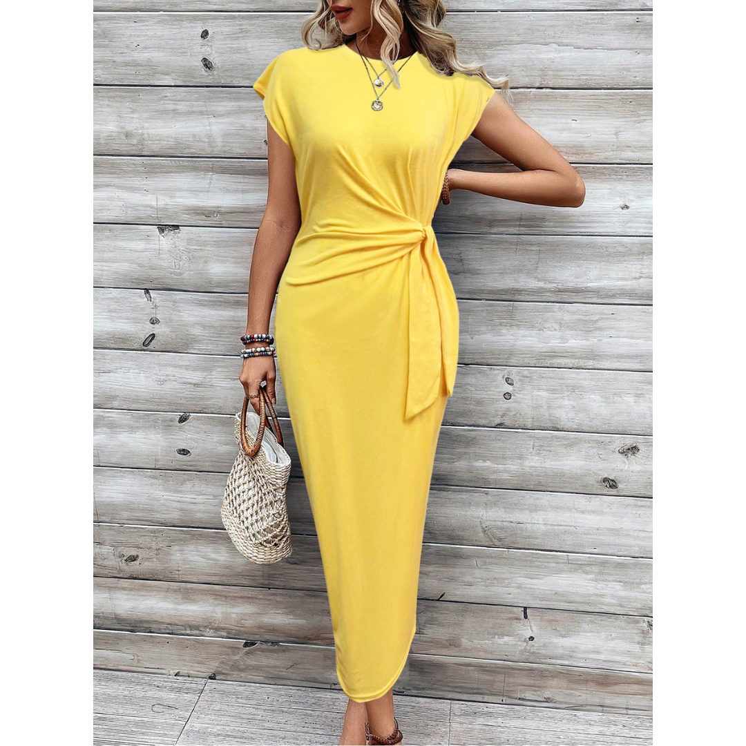 Striped Round Neck Cap Sleeve Twist Front Bodycon Midi Dress 10