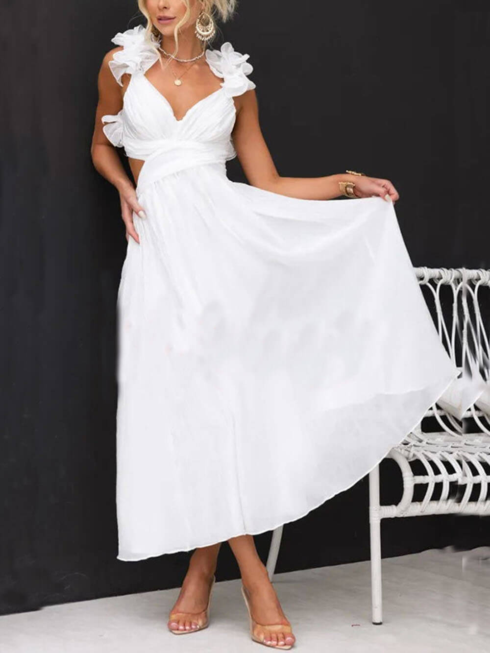 Floral Ruffle Detail Back Lace-Up Elastic Waist Maxi Dress - Fashionpara