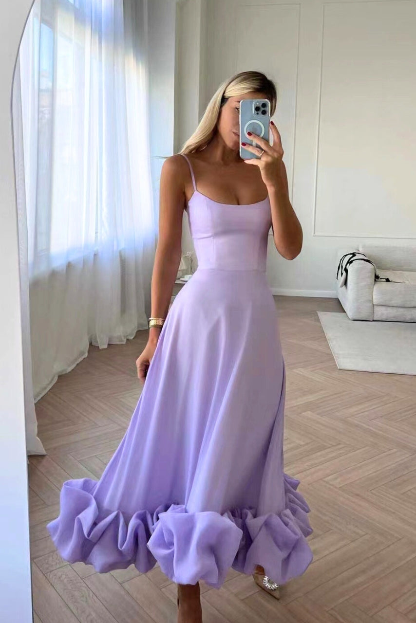 Scoop Neck Spaghetti Strap Ruffle Hem Satin Midi Dress 2