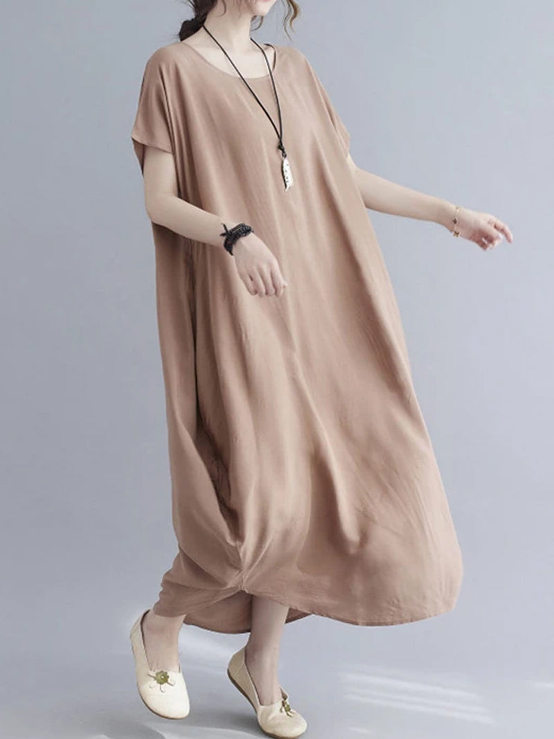 Cotton Round Neck Short Sleeve Cocoon Midi Dress 23
