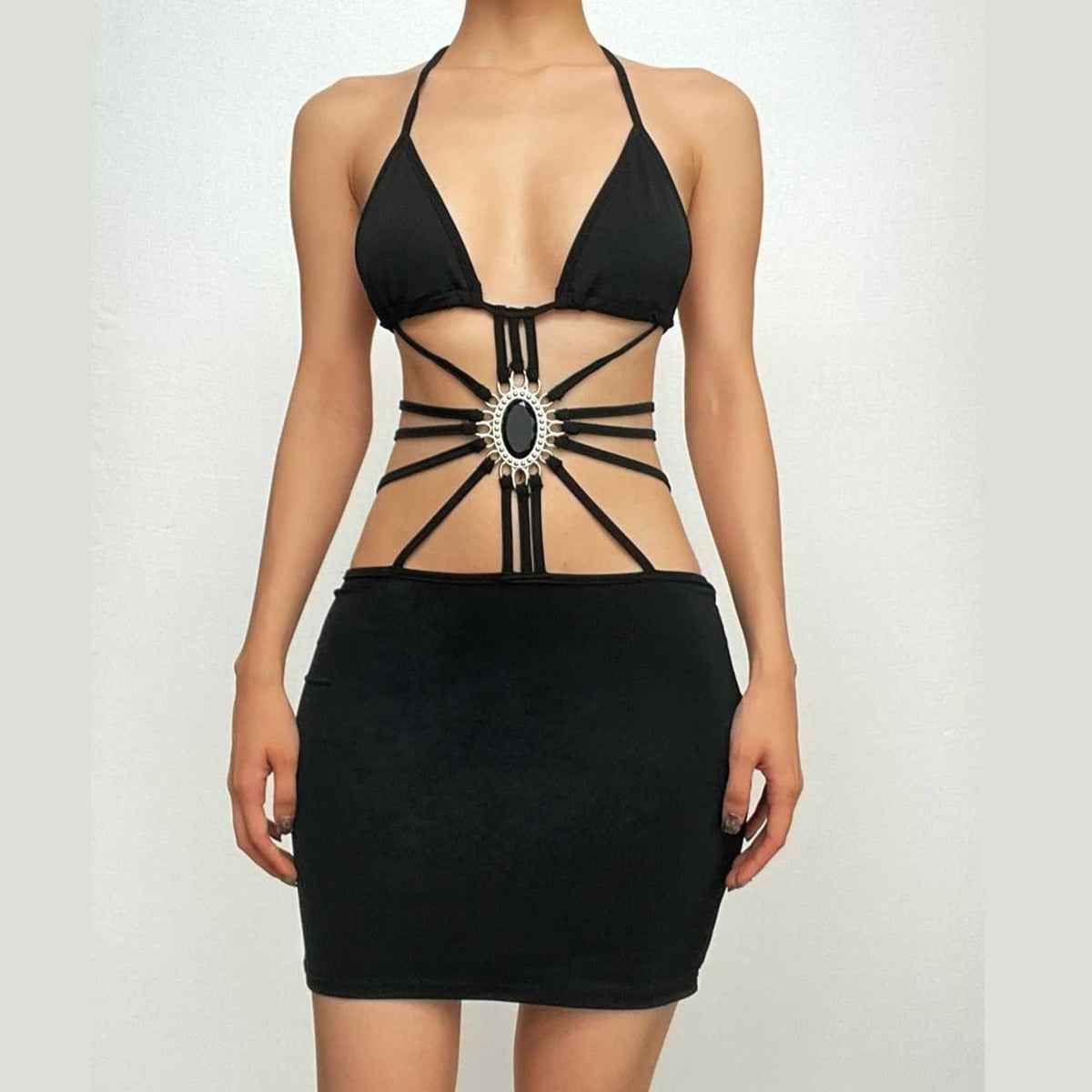 Halter Neck Strappy Cut Out Stone Applique Bodycon Mini Dress