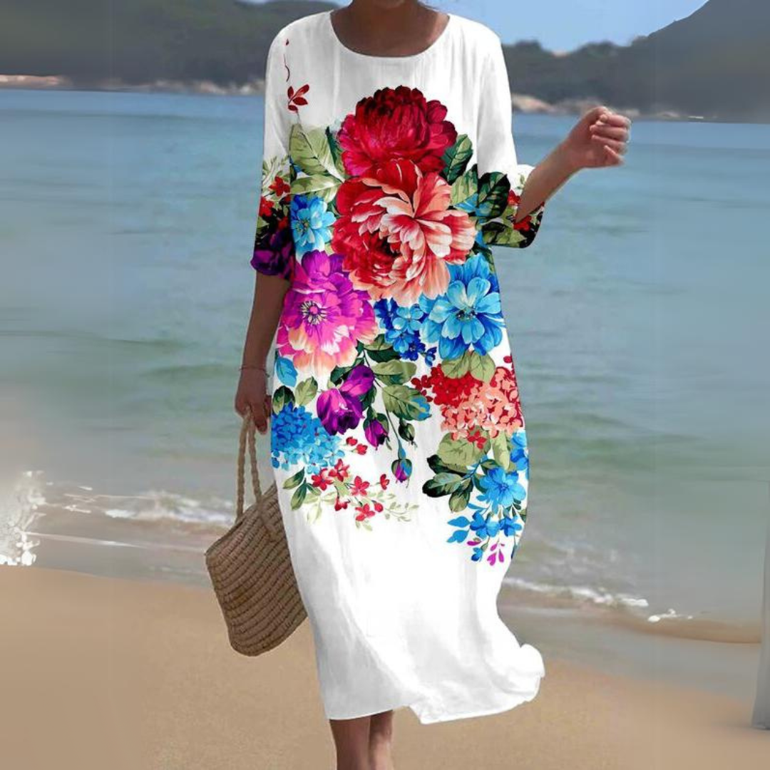 Floral Round Neck Half Sleeve Shift Summer Midi Dress - View 4