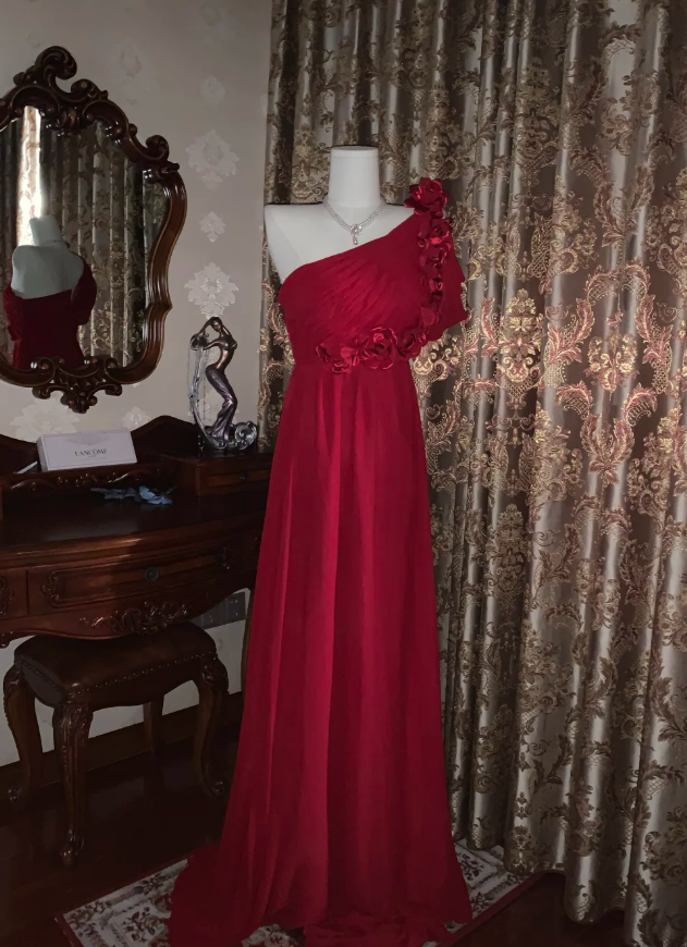 Elegant One Shoulder Red Chiffon Long Wedding Guest Dress Formal Birthday Prom Dress Evening Dress With Flowers D1780