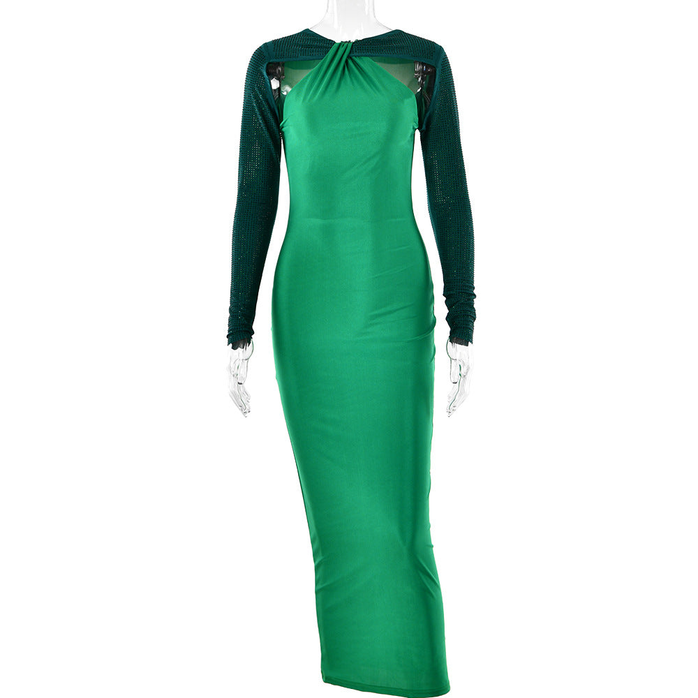 Rhinestone One-Sleeve Cutout Bodycon Maxi Dress 8