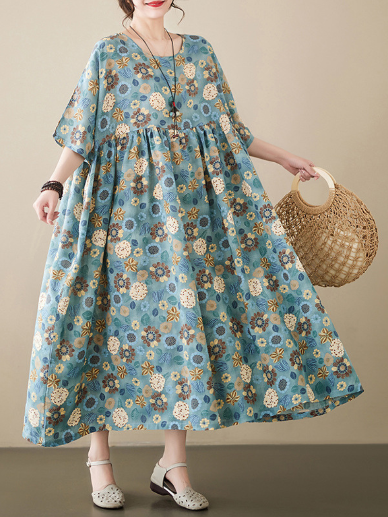 Floral Print Round Neck Short Sleeve Smock Maxi Dress 4