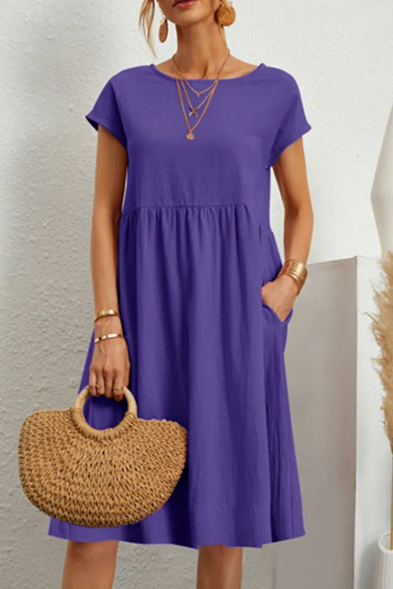 Linen Blend Print A-Line Short Sleeve Midi Dress - View 10