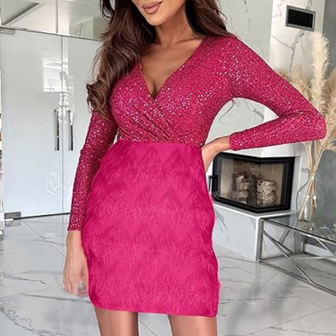 Sequin Deep V-Neck Wrap Long Sleeve Textured Skirt Mini Dress - View 20