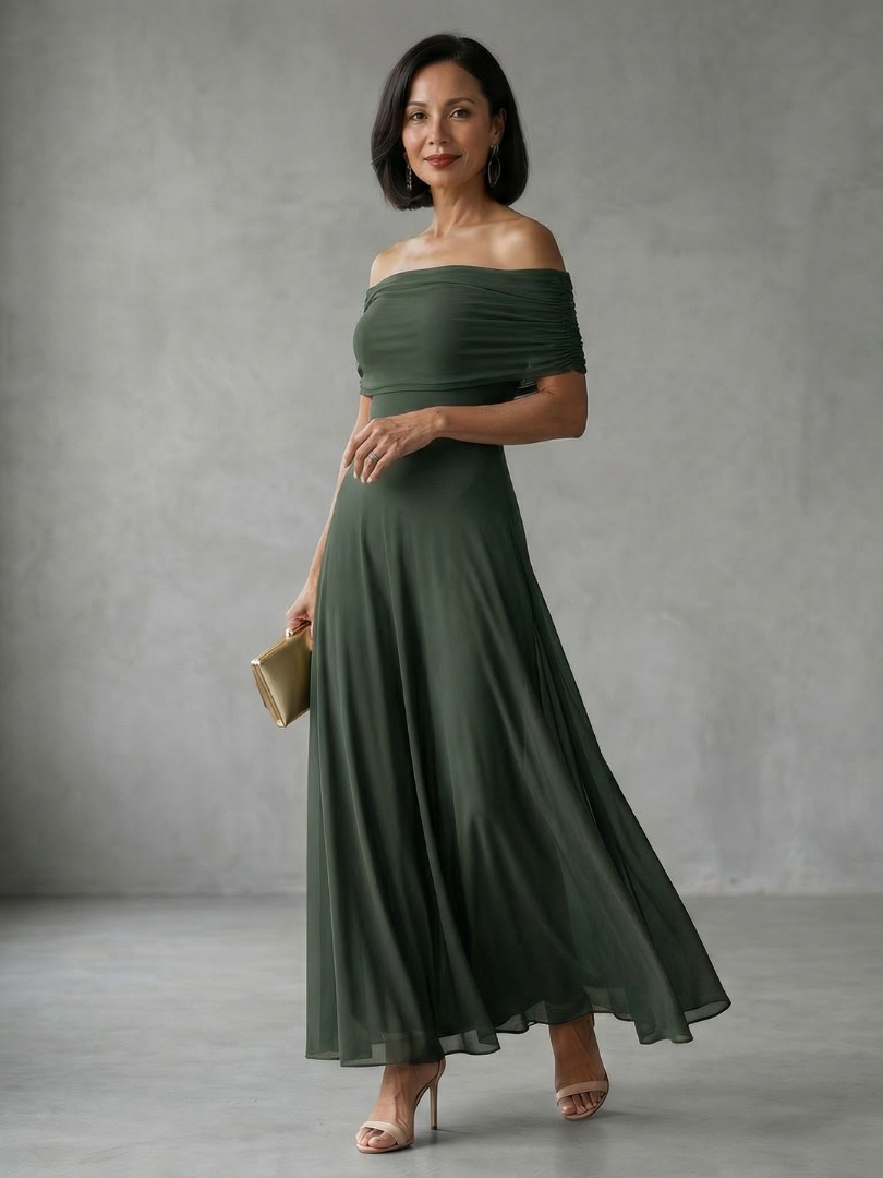 Off Shoulder Ruched Foldover A-Line Maxi Dress 7