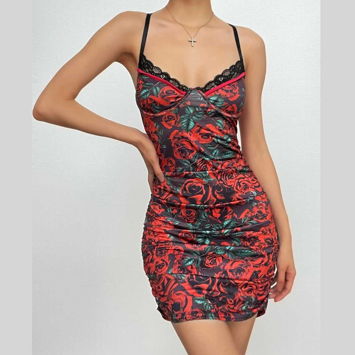 Floral Print Lace Trim Spaghetti Strap Ruched Bodycon Mini Dress