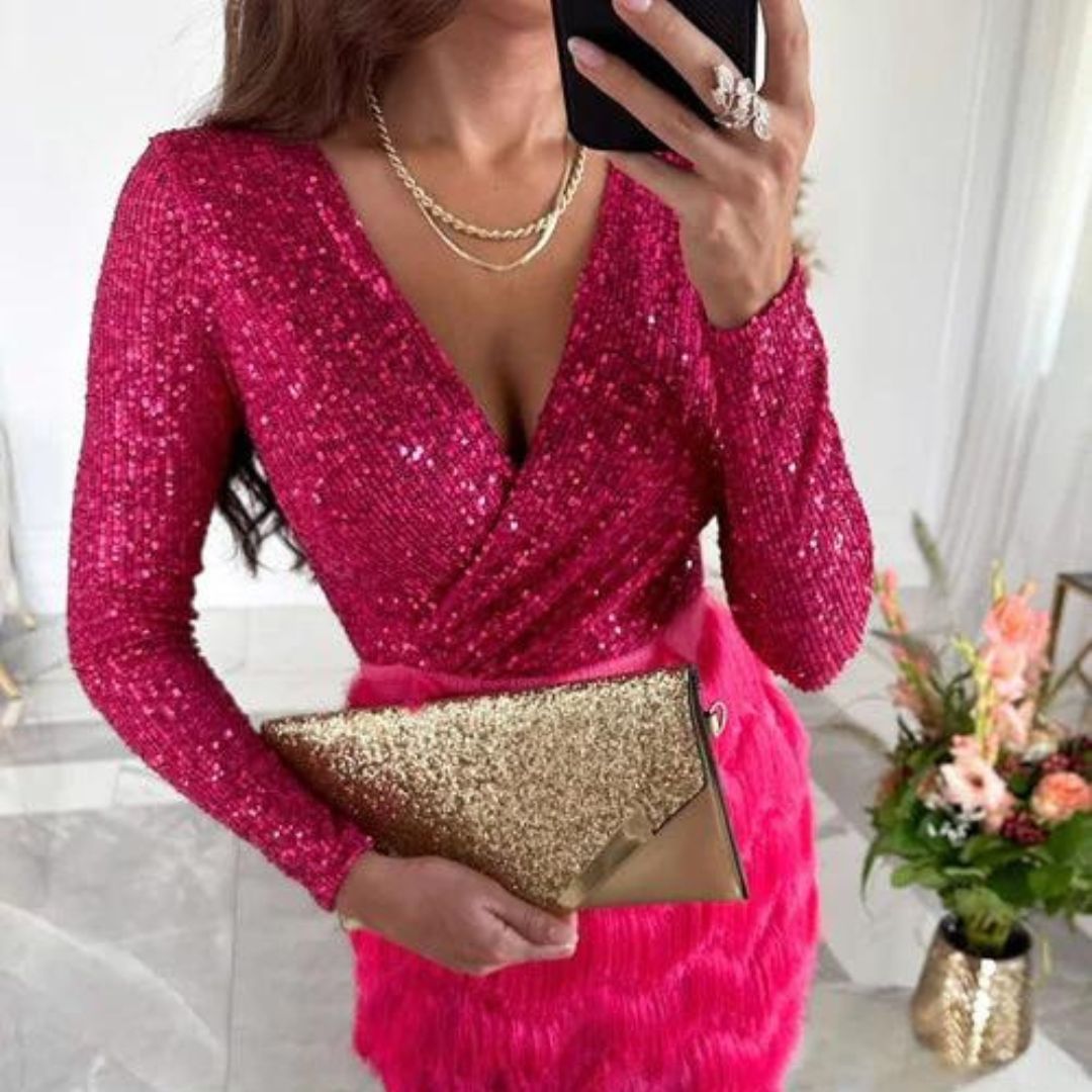 Sequin Deep V-Neck Wrap Long Sleeve Textured Skirt Mini Dress - View 7