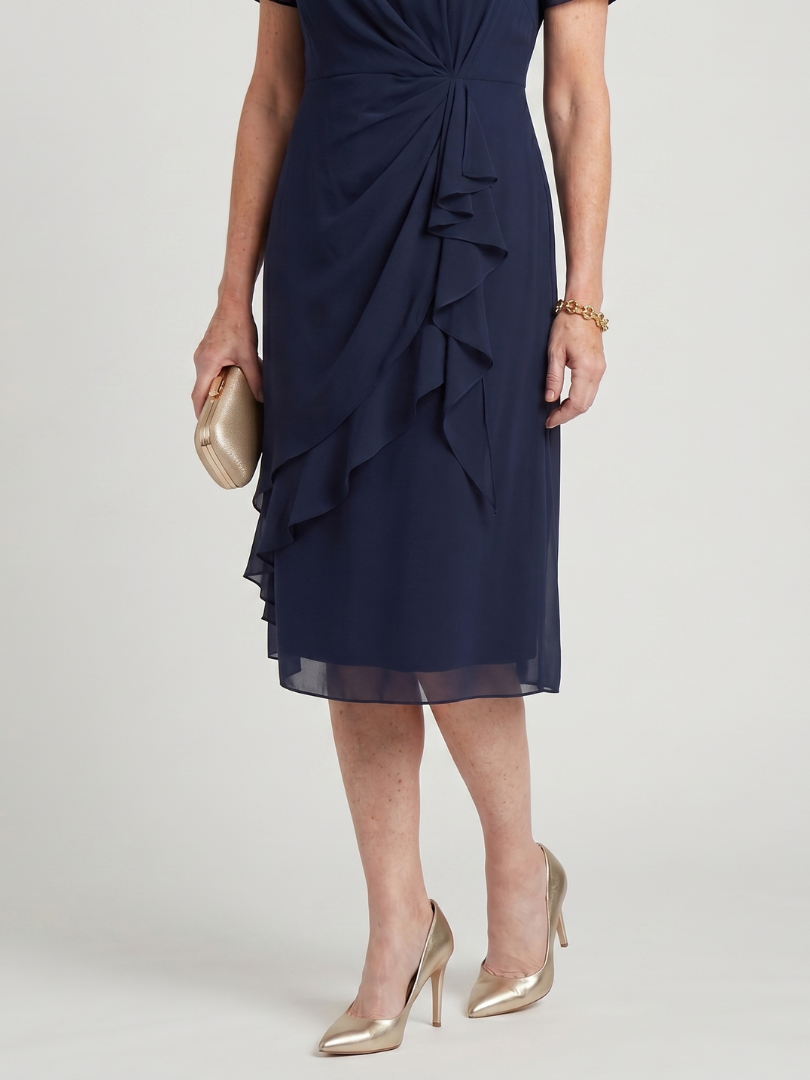 Round Neck Short Sleeve Ruched Waist Ruffle Front Midi Dress 9