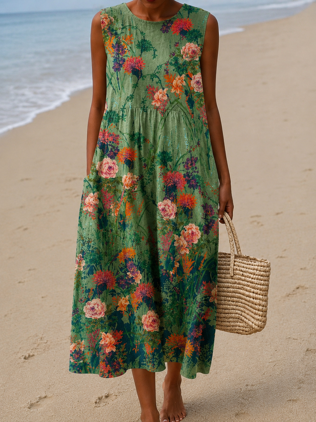 Floral Print Sleeveless Tiered Linen Midi Dress 2