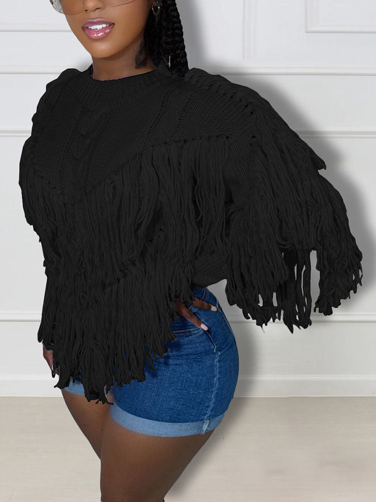 Tassel Fringe Cable Knit Sweater