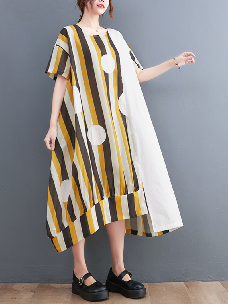 Striped Polka-Dot Round Neck Short Sleeve Cocoon Midi Dress 2