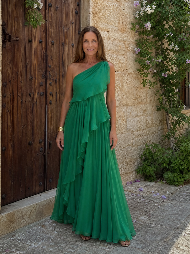 One Shoulder Ruffle Draped Chiffon Maxi Gown 5