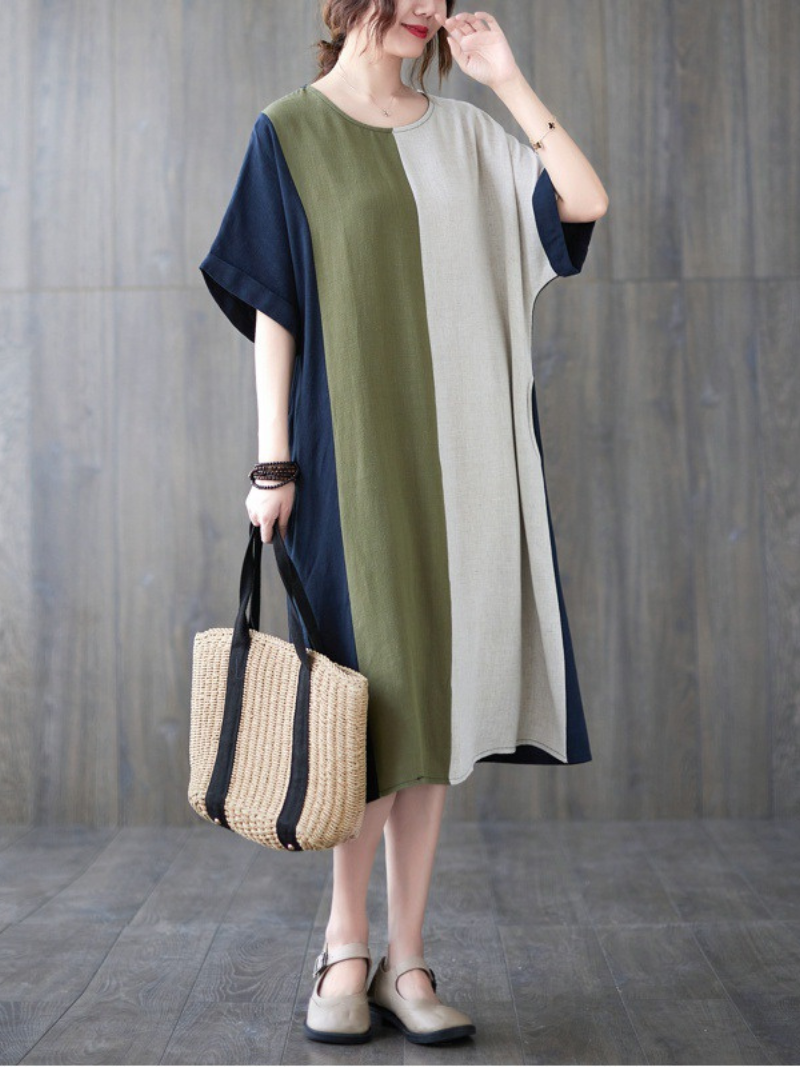 Round Neck Short Sleeve Contrast Panel Shift Midi Dress 8