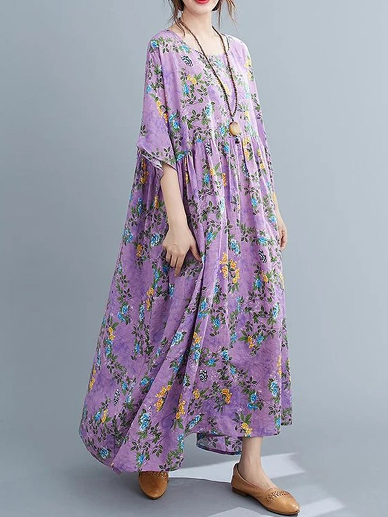 Floral Print Round Neck Short Sleeve Smock Maxi Dress 4