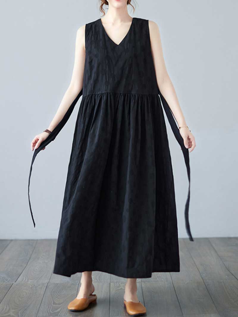 Textured Jacquard V-Neck Sleeveless Pleated A-Line Midi Dress 9
