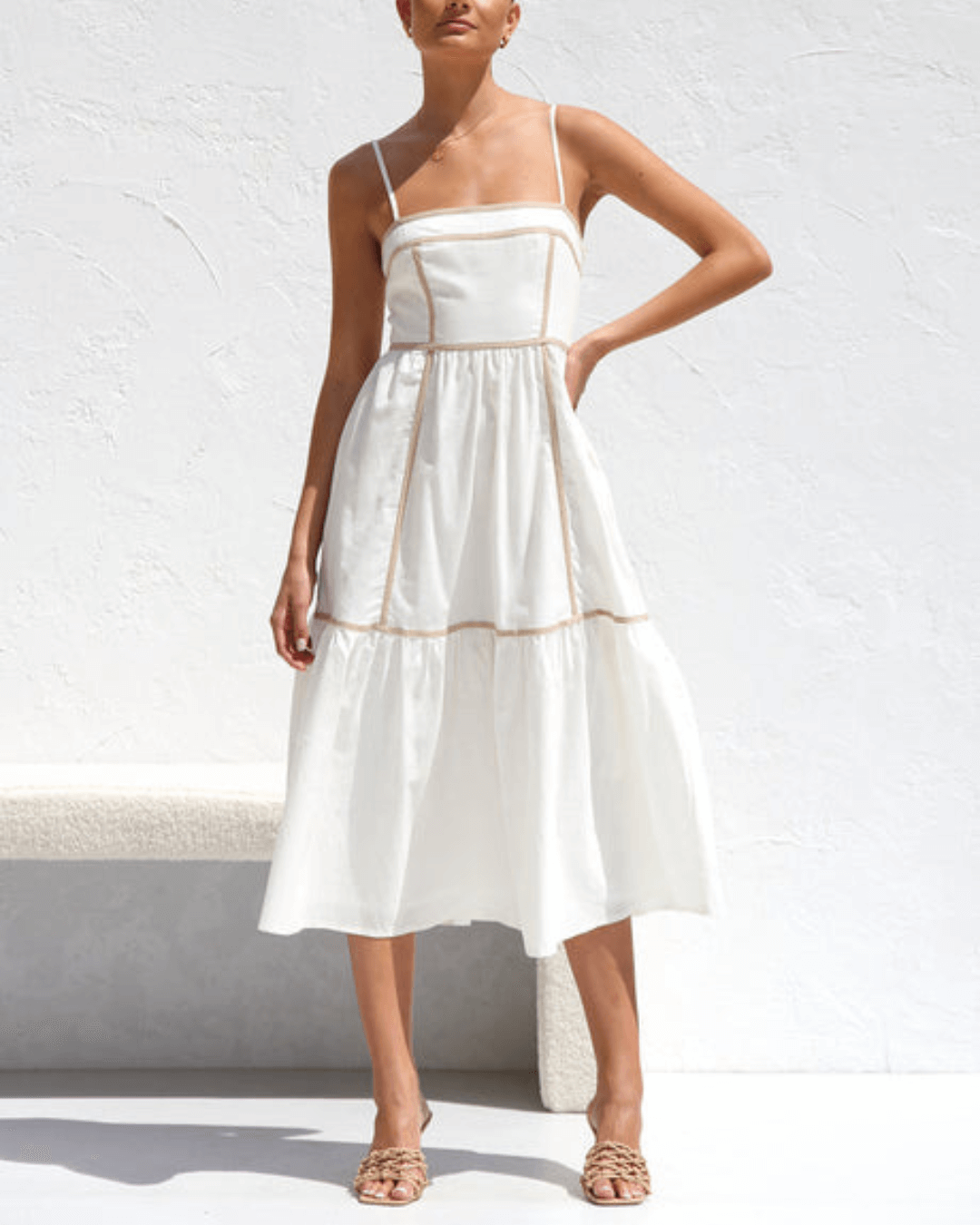 Contrast Taupe Trimming Midi Dress - Fashionpara