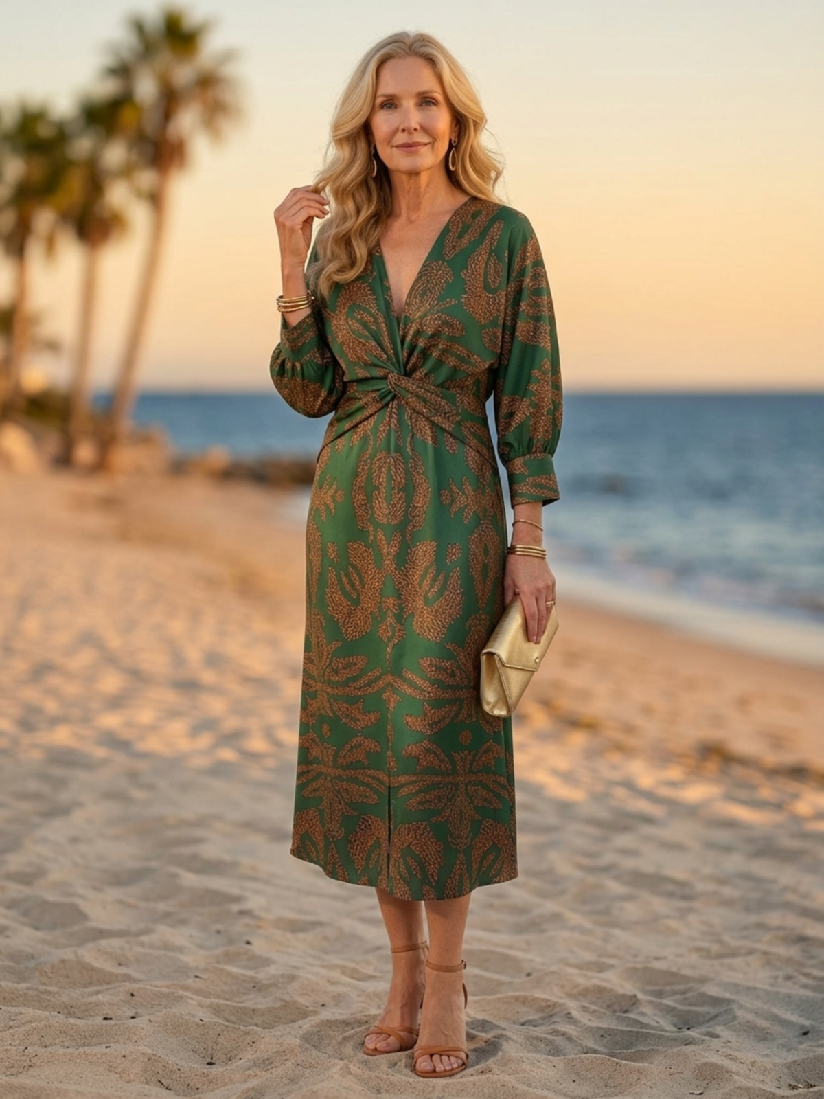 Twist Front V-Neck Long Sleeve Print Midi Dress