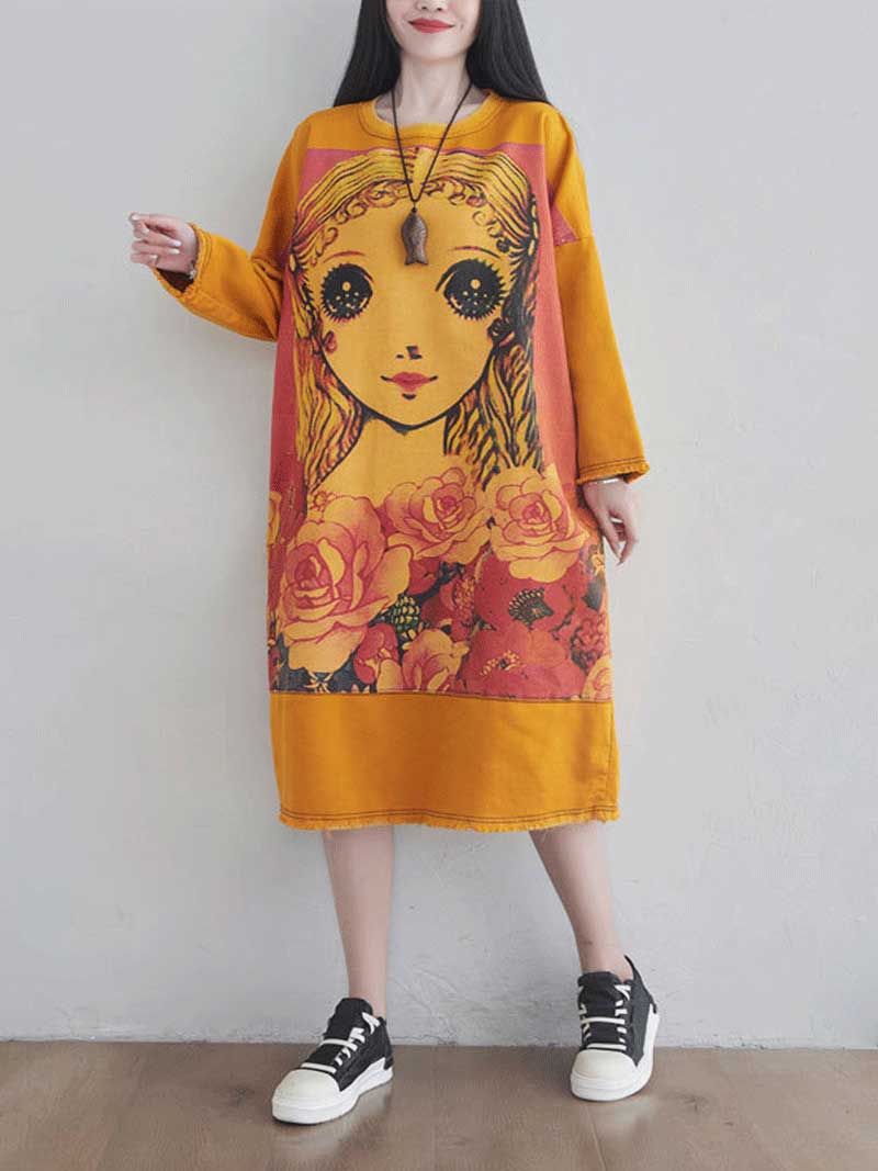 Give Me a Memory Round Neck Cartoon Sweater Midi Dress - Fashionpara