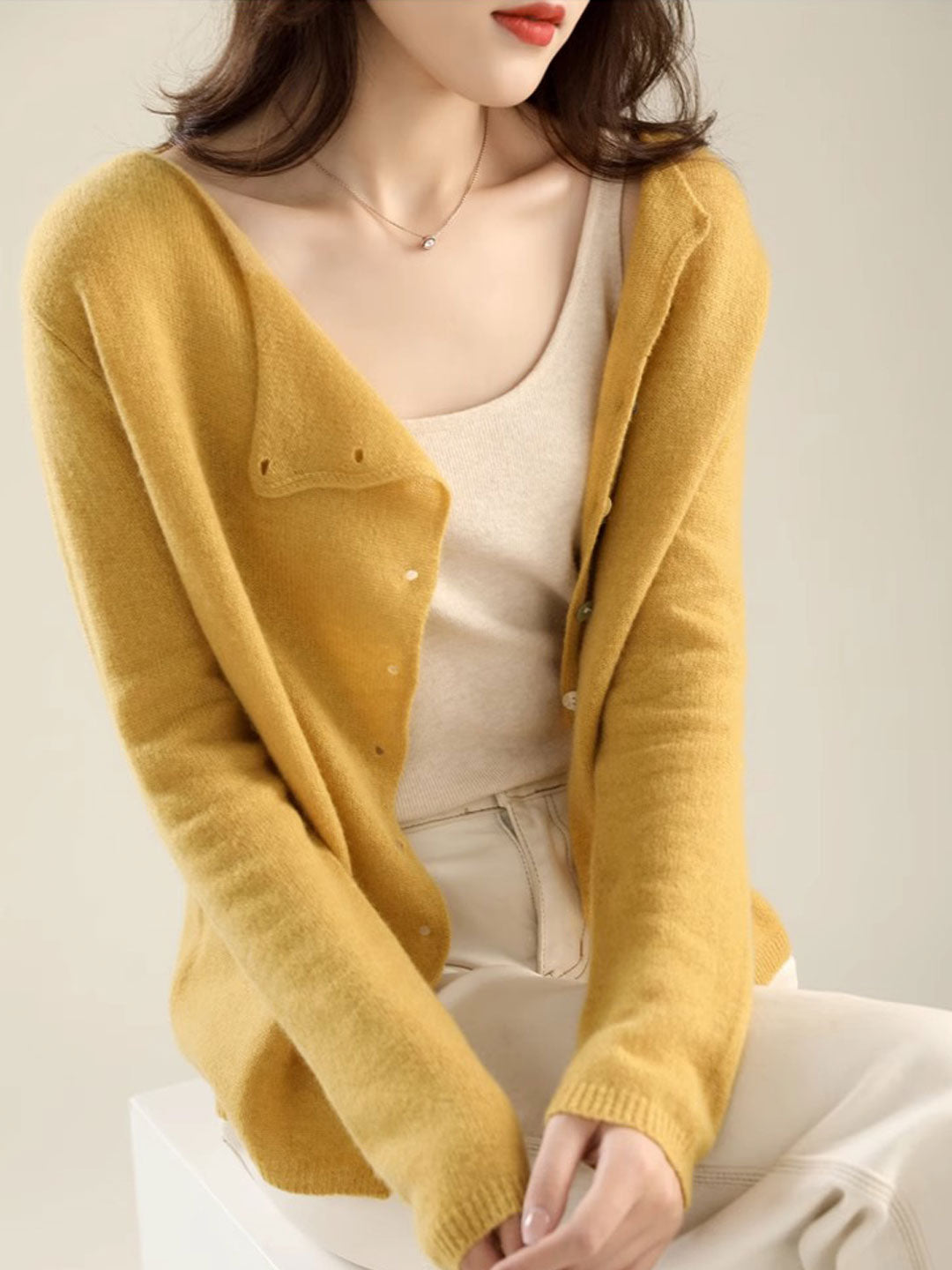 Foldover Collar Button Front Long Sleeve Knit Cardigan 2
