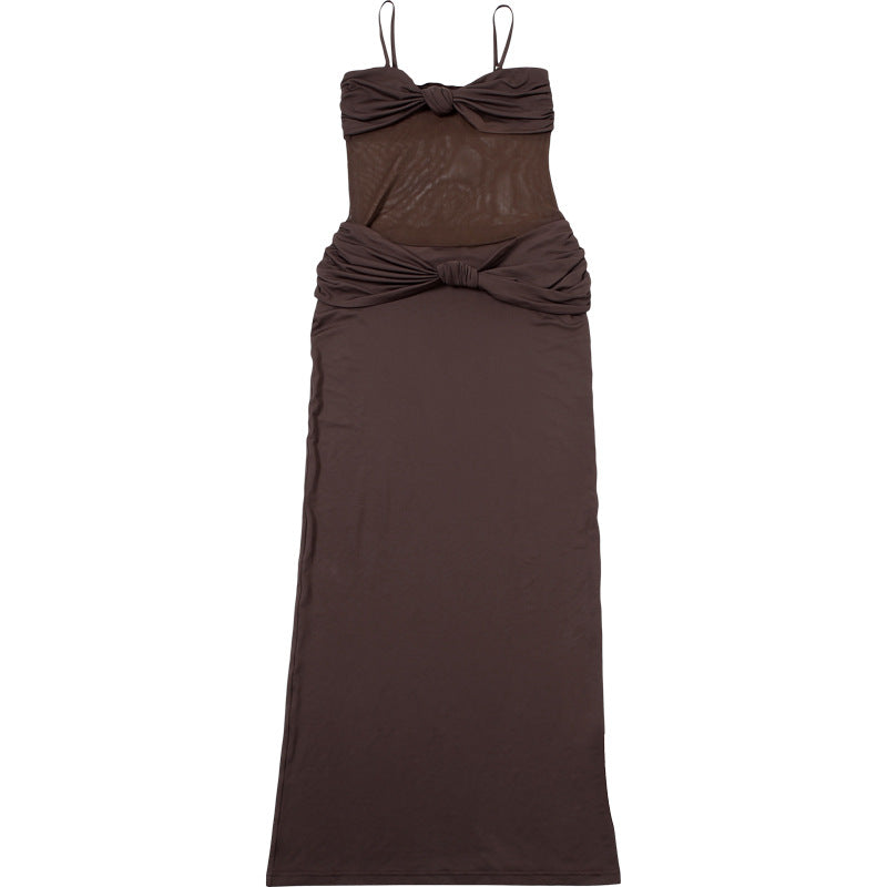 Strappy Sweetheart Mesh-Panel Knot-Front Bodycon Maxi Dress 10