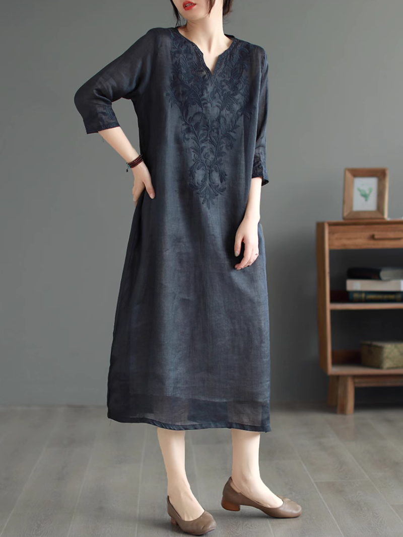 Embroidered Linen Notch-Neck Long-Sleeve Shift Midi Dress 4