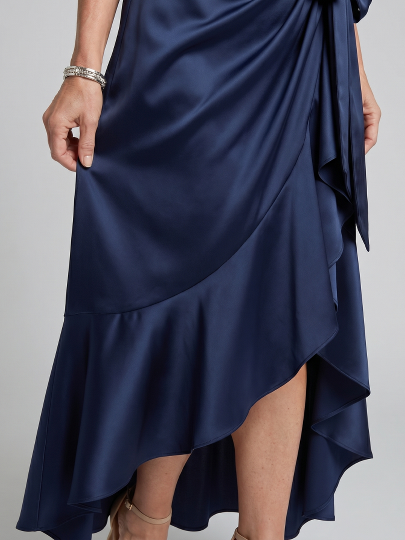 Satin Halter Neck Wrap Bow High Low Midi Dress 8