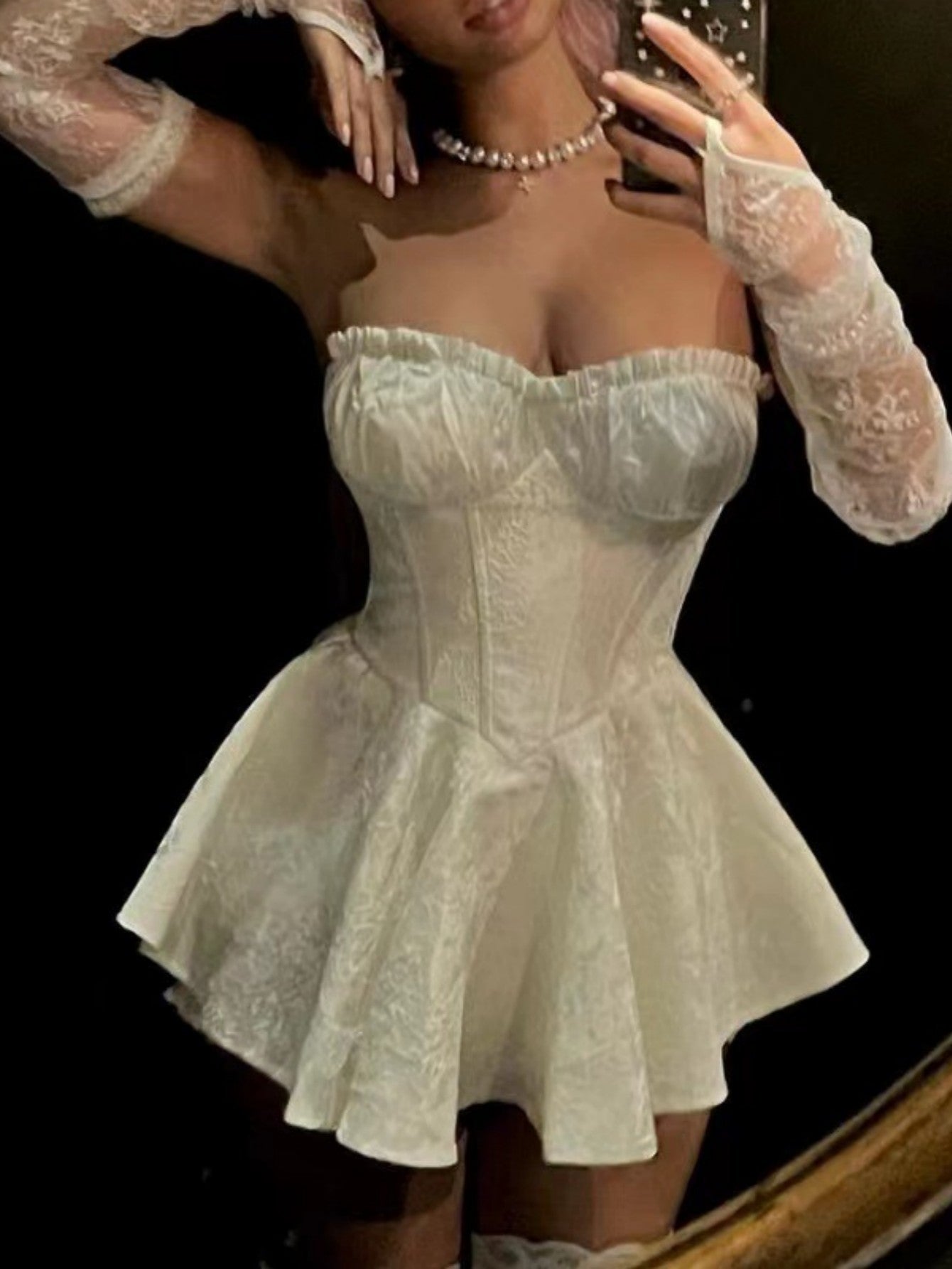 White Lace Jacquard Strapless Sexy Short Graduation Dress - Fashionpara