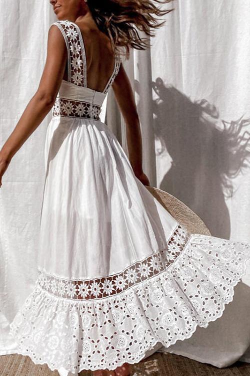 Square Neck Sleeveless Eyelet Lace Crochet Waist Midi Dress - View 2