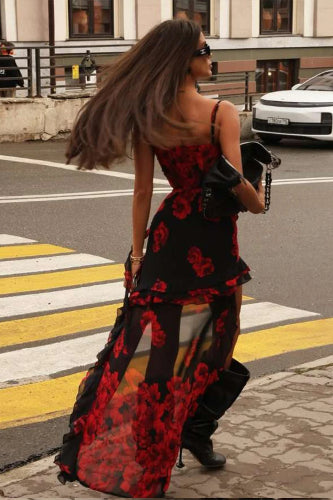 Ruched Low-Neck Floral Dress