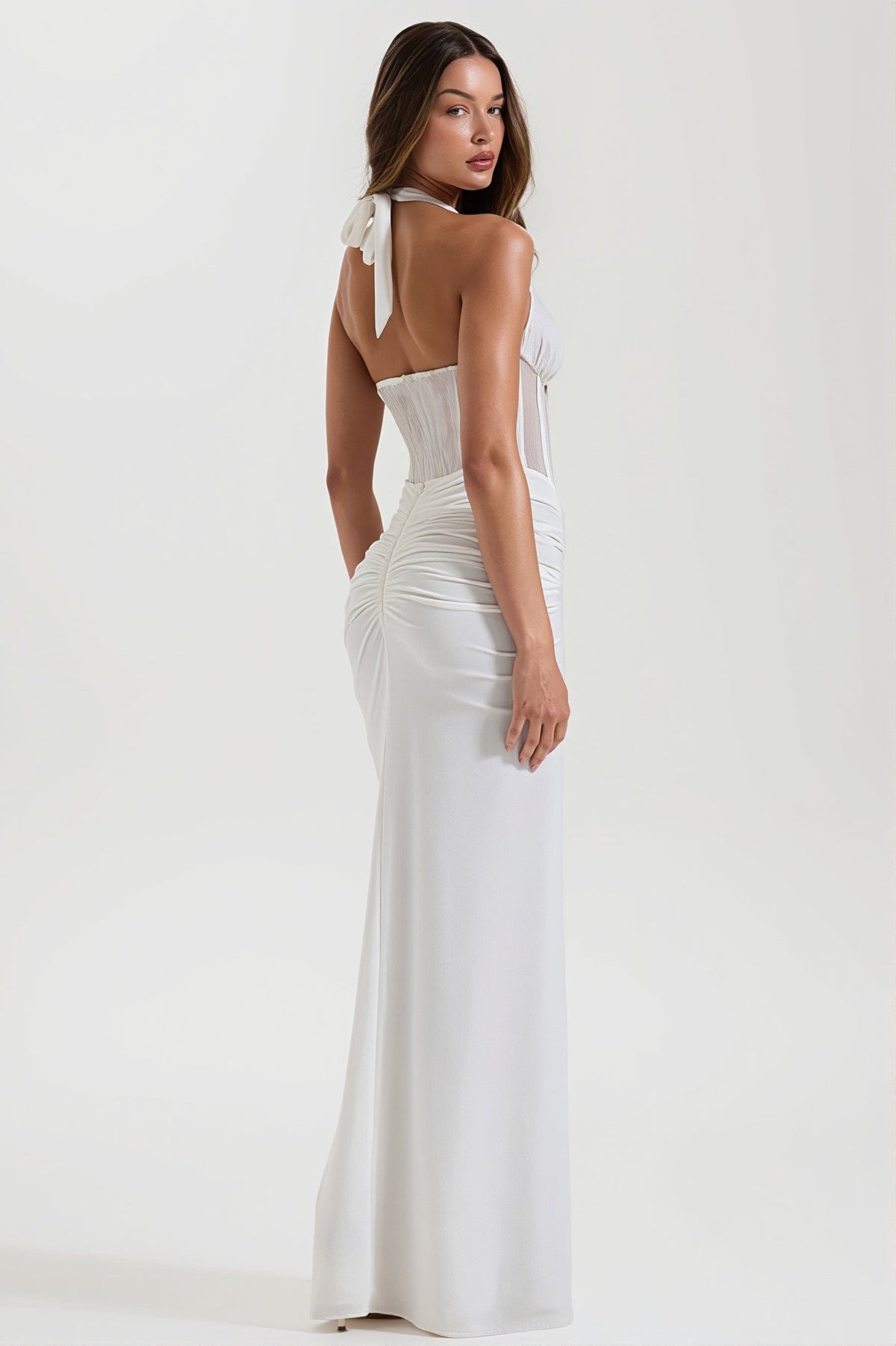 Halter Neck Corset Mesh Ruched Bodycon Maxi Gown 4