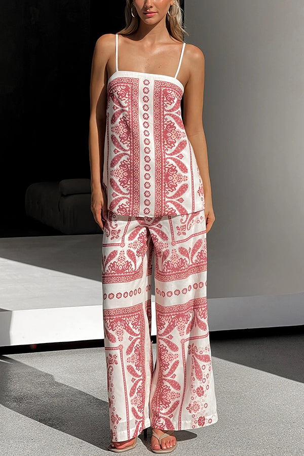 Unique Print Loose Casual Tank Top and Elastic Waist Wide Leg Straight Pants Set - Fashionpara