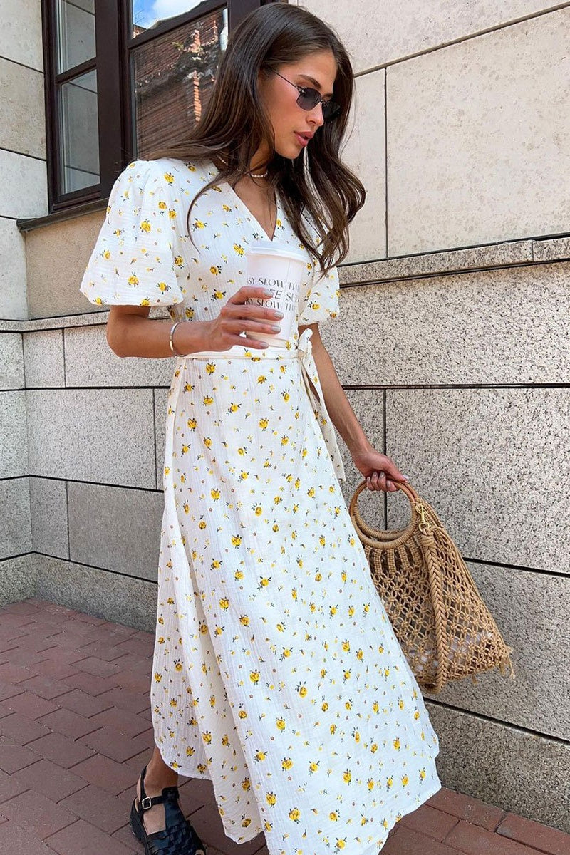 Floral Wrap V Neck Puff Sleeve Midi Dress 3