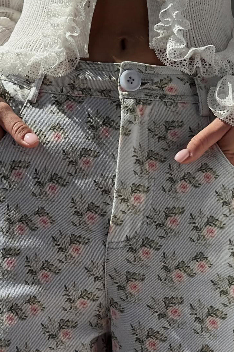 Light Blue Floral High Waist Wide Leg Jeans