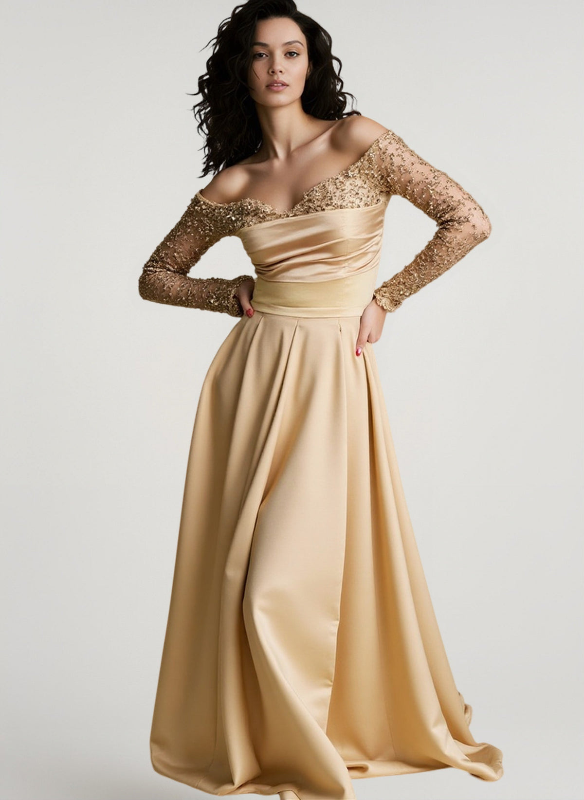 Off Shoulder Long Sleeve Beaded Sleeve Satin A-Line Gown
