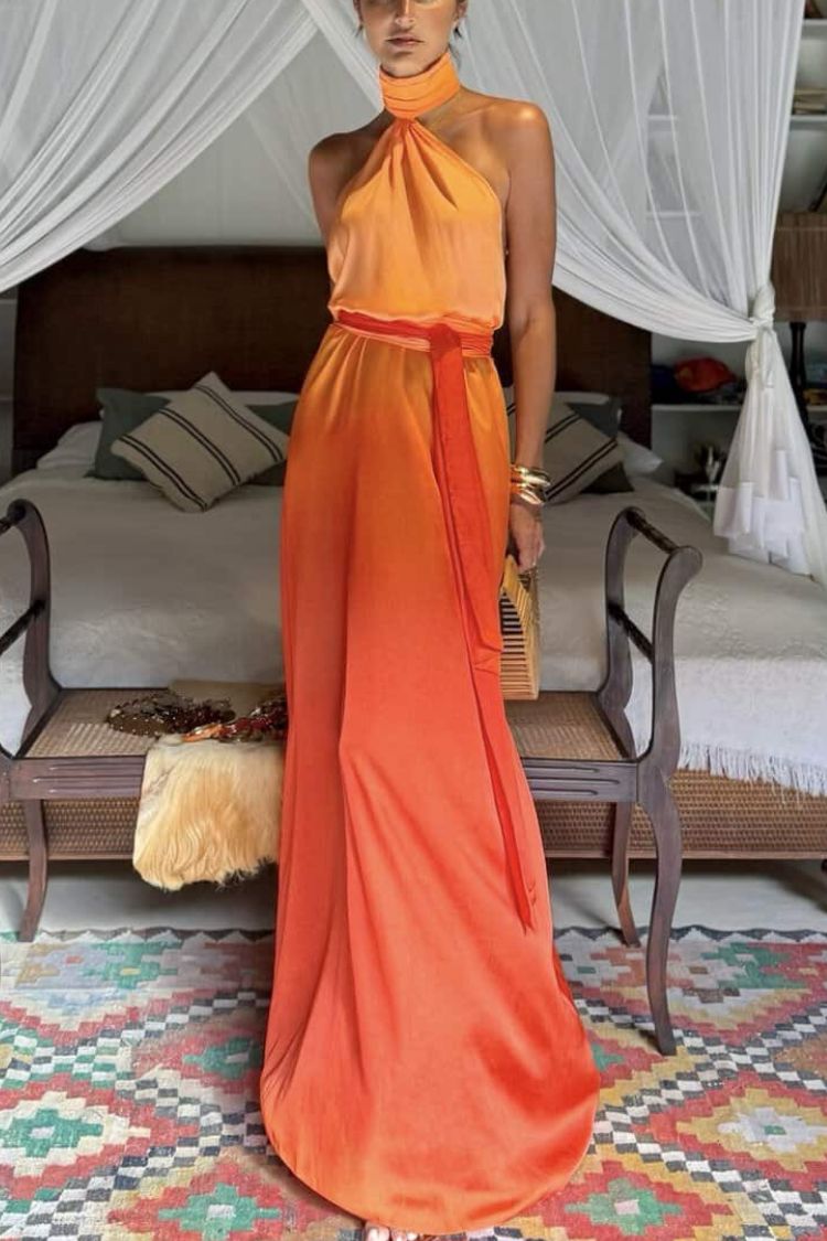 Chase The Sun Gradient Print High Neck Backless Tie-up Maxi Dress - Fashionpara