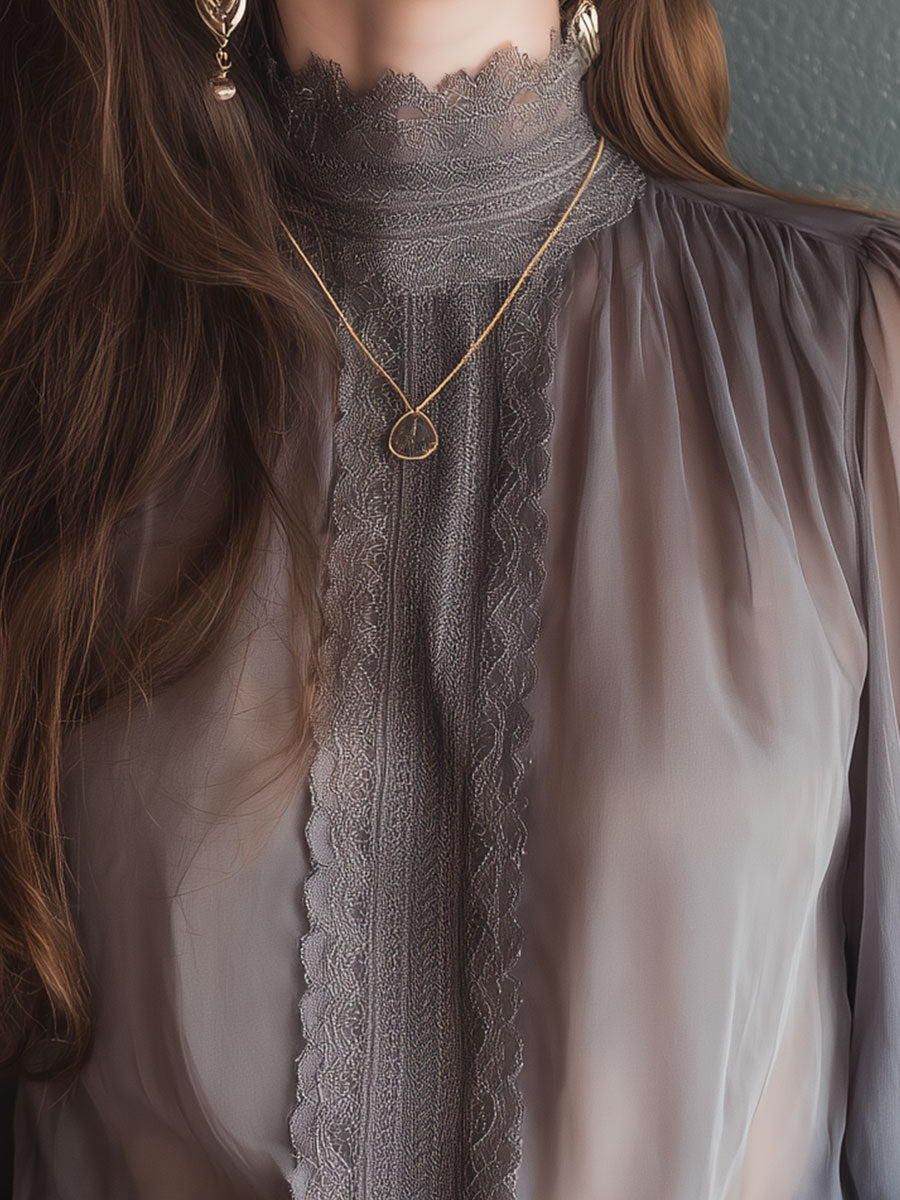 Elegant Chiffon Stand Collar Lace Splicing Blouse - Fashionpara