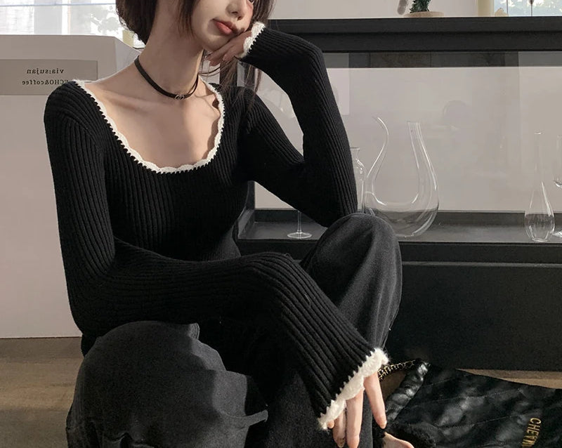 Cute O Neck Long Sleeve Slim Fit Knitted Crop Top