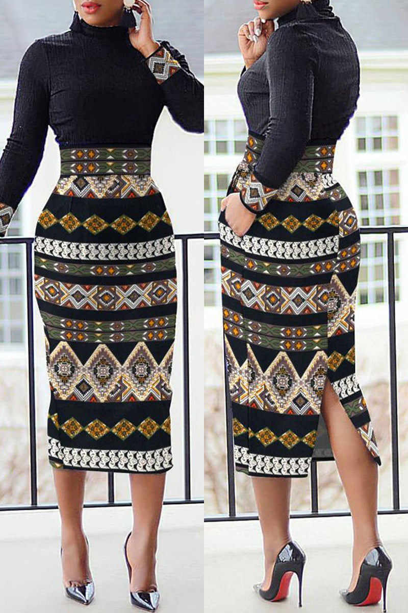 Casual Print Patchwork Slit Turtleneck Long Sleeve Dresses  Fashionpara