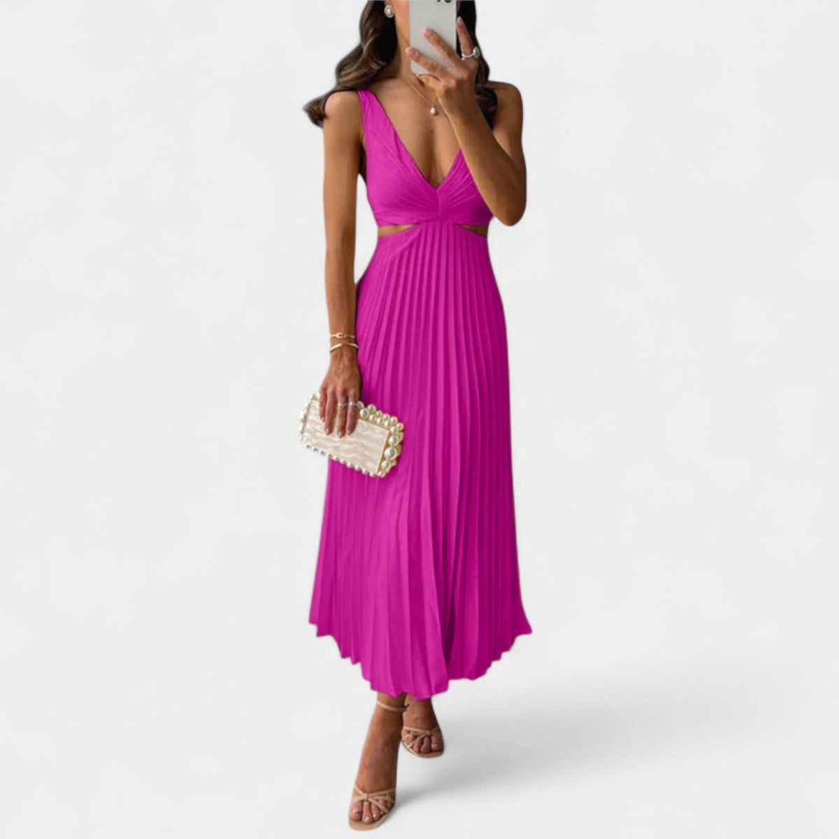 Pleated V-Neck Cut Out Sleeveless Midi Dress 11