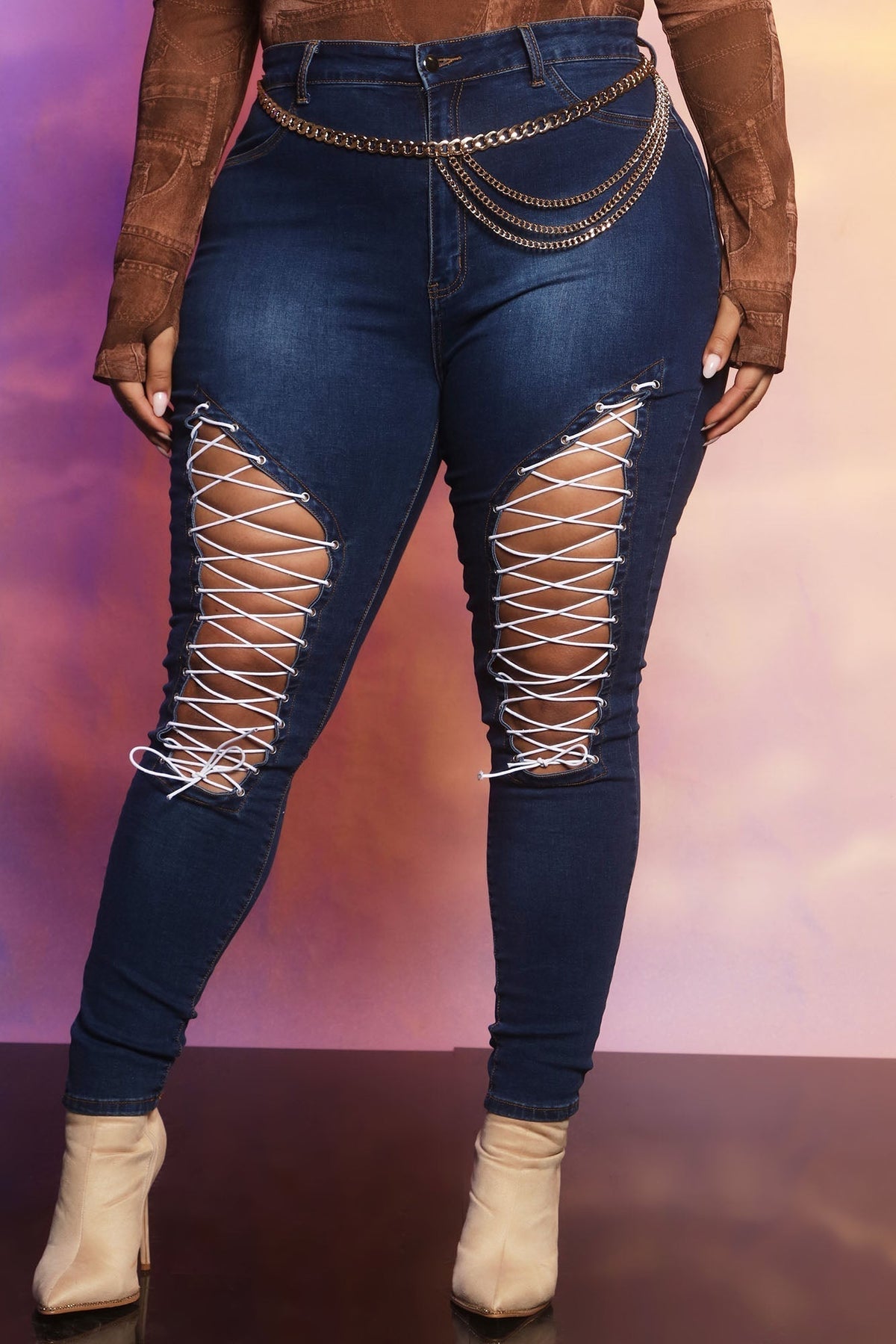 KittenAlarm - All Strung Up Lace Up Skinny Jeans - Dark Wash