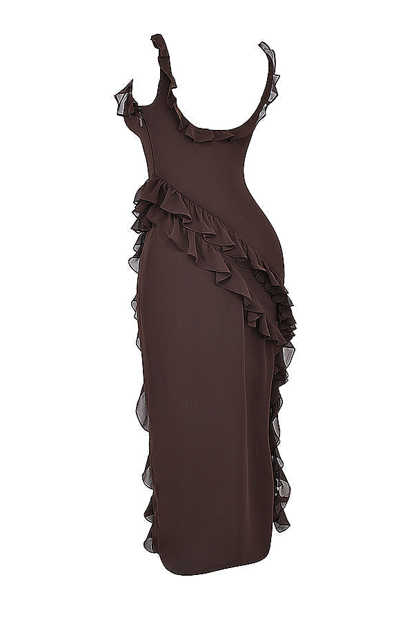Square Neck Ruffle Strap High Split Asymmetrical Cascade Maxi Dress 35